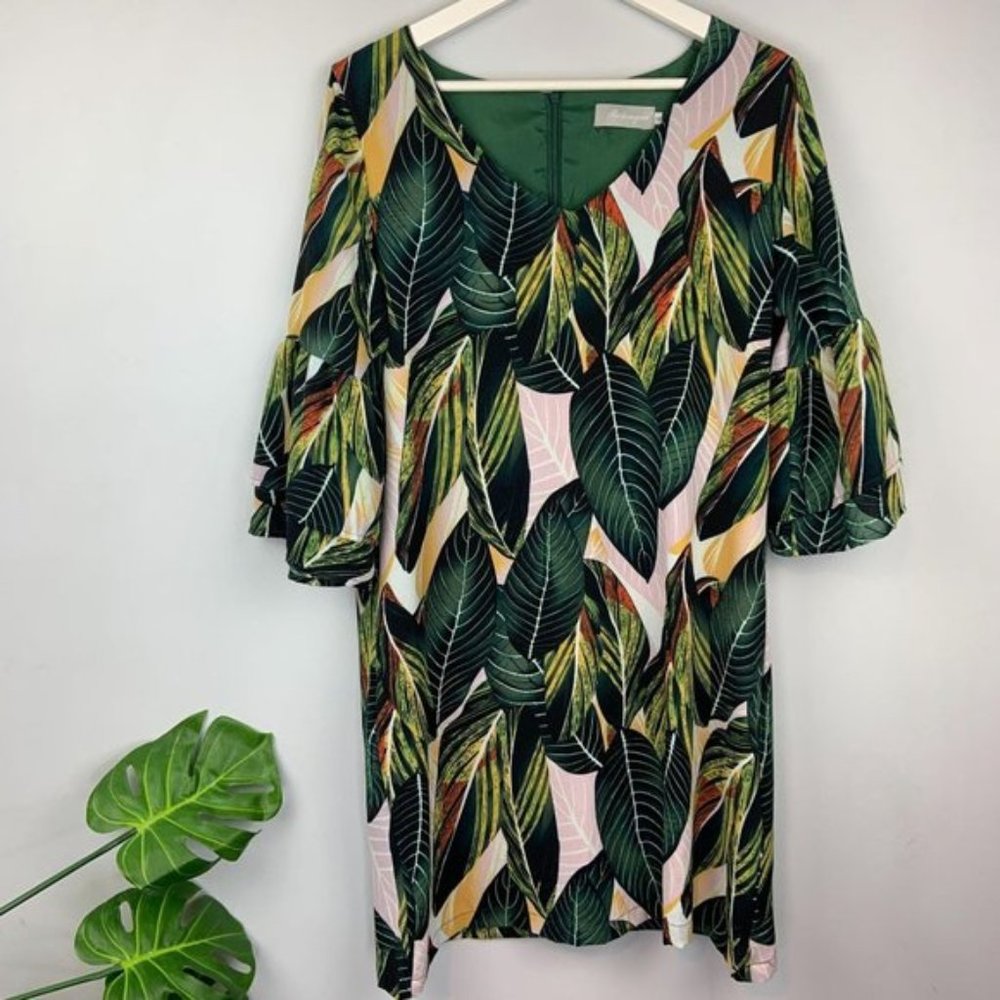 Belongsci Bell Sleeve Palm Leaf Print Shift Dress - Picture 5 of 8